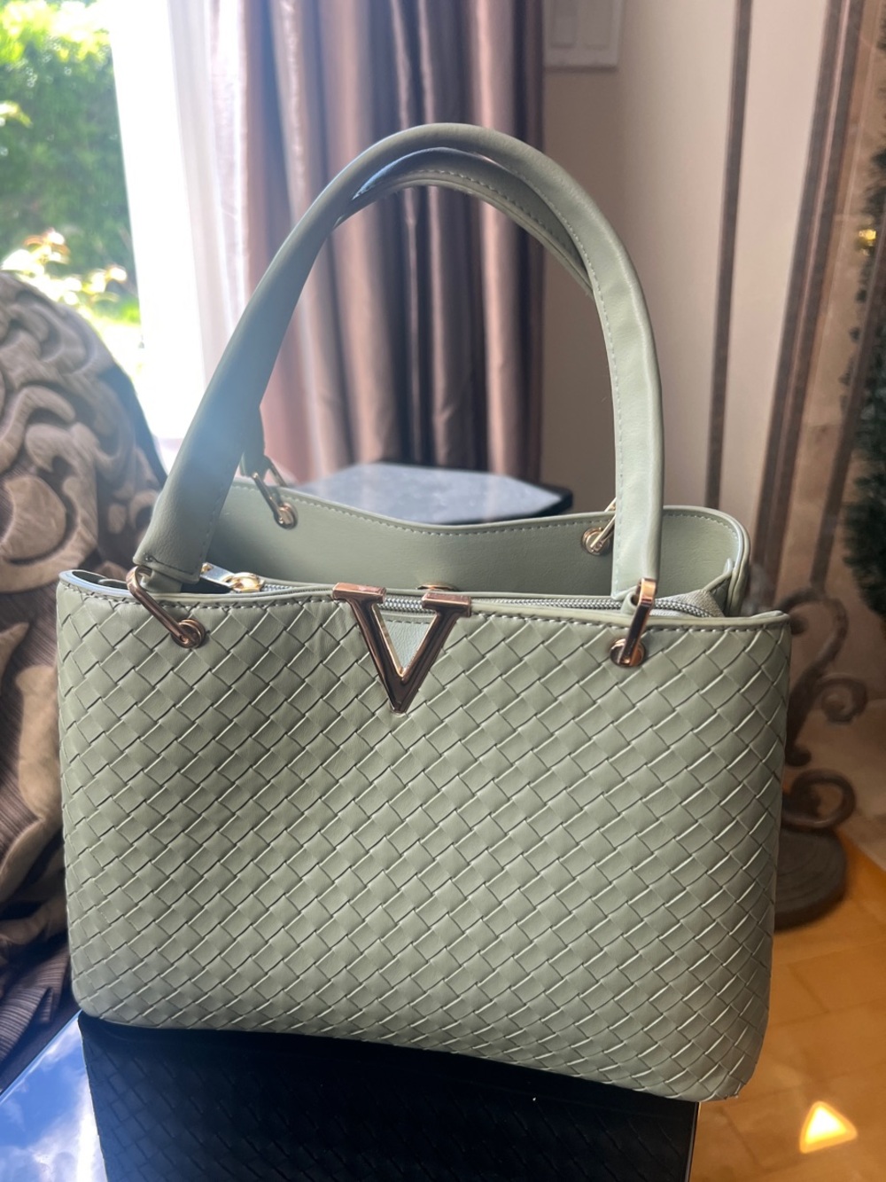 Woven Satchel Handbag in Sage Green with V Accent